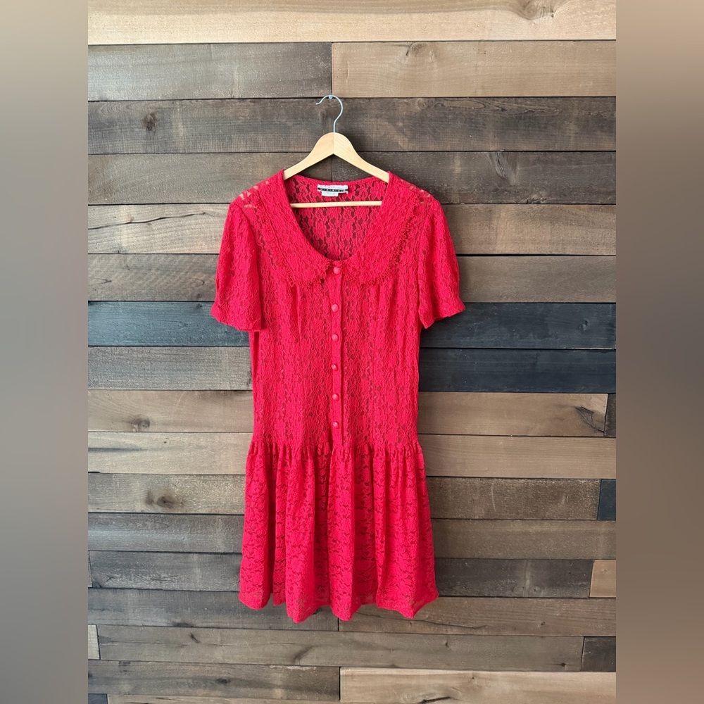 Vintage 90s Lace Dress Diana Marco Red Button Front - Picture 8 of 9